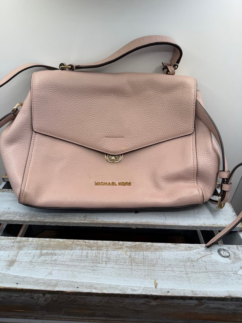 MICHAEL KORS Soft Pink Pebbled Leather Satchel Flap Crossbody Bag/Purse-Padlock⁠